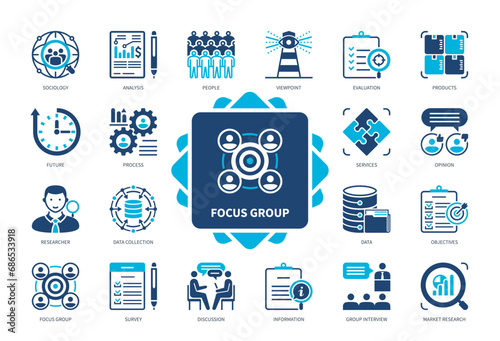 Focus Group icon set. Products, Services, Survey, Group Interview, Analysis, Sociology, Market Research, Viewpoint, Data Collection. Duotone color solid icons