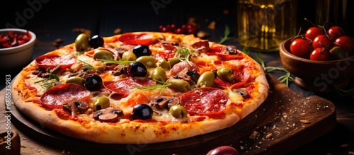 Authentic Italian dish with hot salami, chili, and olives - pizza diavola.