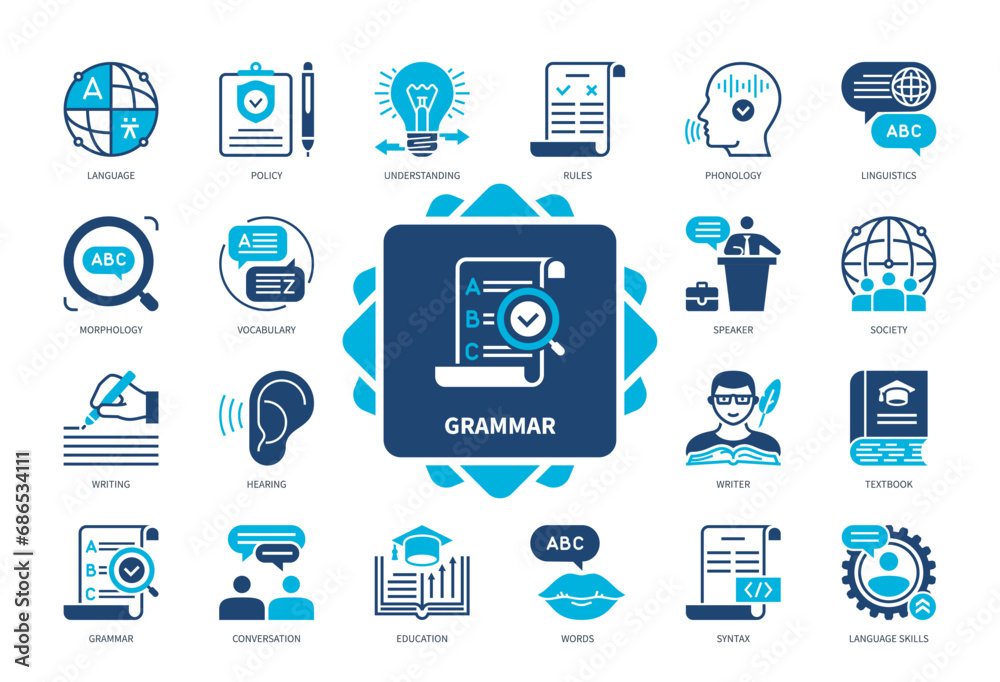 Grammar icon set. Writing, Language, Morphology, Speech, Rules ...