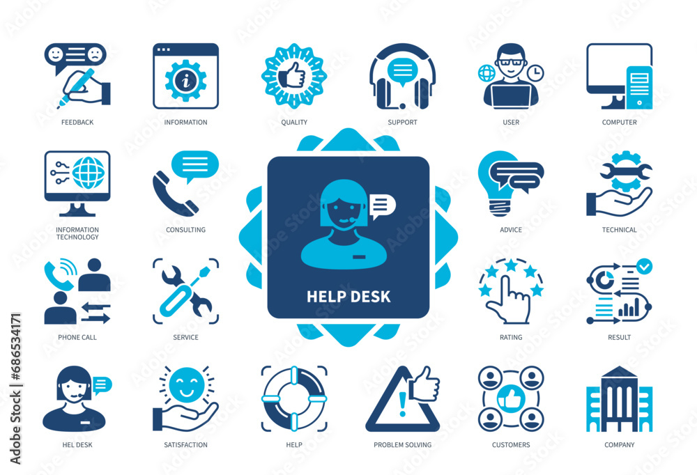 Help Desk icon set. Support, Technical, Feedback, Advice, Customer Service, Satisfaction, Problem Solving, Result. Duotone color solid icons - obrazy, fototapety, plakaty 