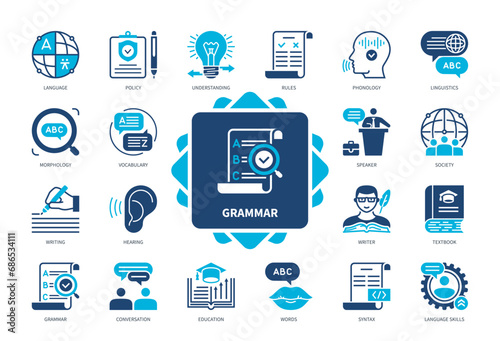 Grammar icon set. Writing, Language, Morphology, Speech, Rules, Education, Syntax, Understanding. Duotone color solid icons
