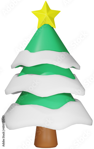 Christmas tree with star and snow. Xmas and New Year season greetings. 3D cartoon character.