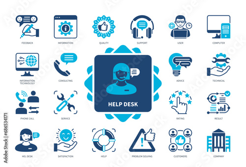 Help Desk icon set. Support, Technical, Feedback, Advice, Customer Service, Satisfaction, Problem Solving, Result. Duotone color solid icons photo