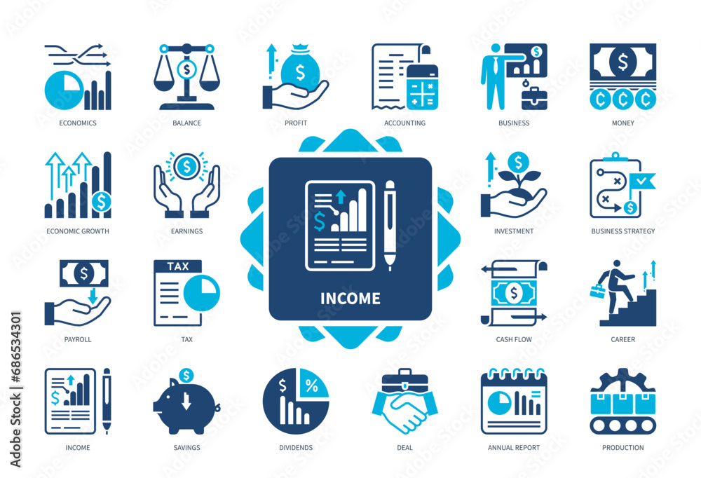 Income icon set. Payroll, Cash Flow, Savings, Economic Growth, Career, Dividends, Business, Investment. Duotone color solid icons - obrazy, fototapety, plakaty 