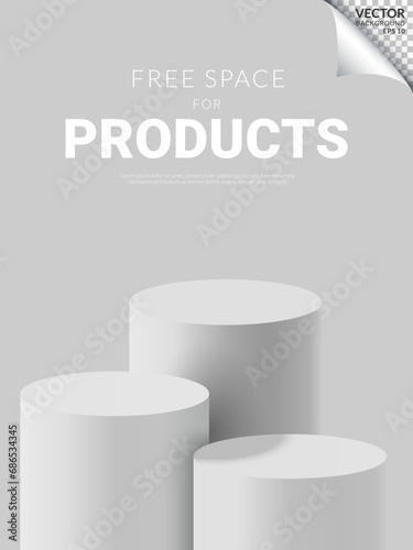 Three white podium modern minimal free space for products on white background. Vector Illustration