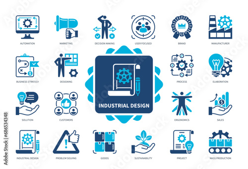 Industrial Design icon set. Goods, Elaboration, Mass Production, Automation, Problem Solving, User Focused, Brand, Marketing. Duotone color solid icons photo