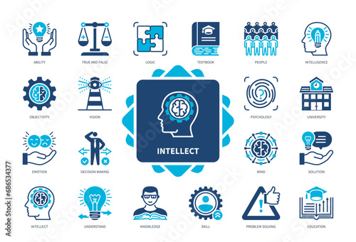 Intellect icon set. Human Mind, True and False, Decision Making, Education, Objectivity, Knowledge, Ability, Intelligence. Duotone color solid icons