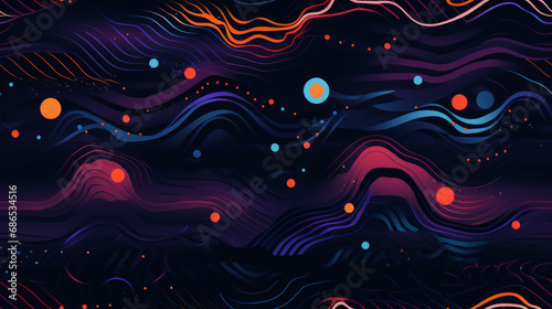 Seamless pattern illustration background featuring abstract interpretations of sound waves. Vibrant lines and curves dance across the pattern, capturing the dynamic and rhythmic of music and sound. photo