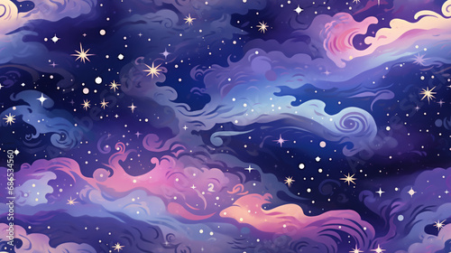 Seamless pattern illustration background inspired by the cosmos. Galactic swirls of stardust, constellations, and planets intertwine in a celestial dance, creating a mesmerizing and dreamy atmosphere