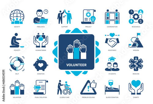 Volunteer icon set. Public Relation, Elderly Care, Problem Solving, Coordination, Donation, Society, Support, Poverty. Duotone color solid icons