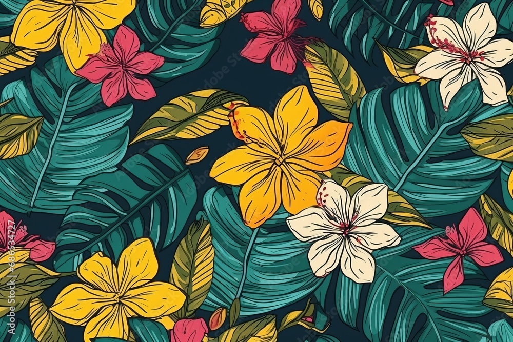 A vibrant pattern featuring tropical leaves and flowers, creating a lively and exotic visual arrangement. A vibrant pattern featuring tropical leaves and flowers, creating a lively and exotic visual arrangement.
