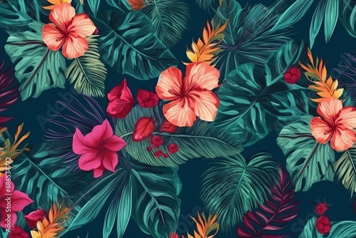 A vibrant pattern featuring tropical leaves and flowers  creating a lively and exotic visual arrangement.
