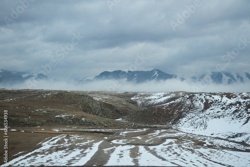 Caucasus Mountains. Mountain landscape in winter. Snow caps
