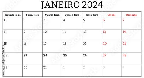 January 2024 portuguese month calendar. Png printable illustration. Monthly planning for your business in Portugal photo