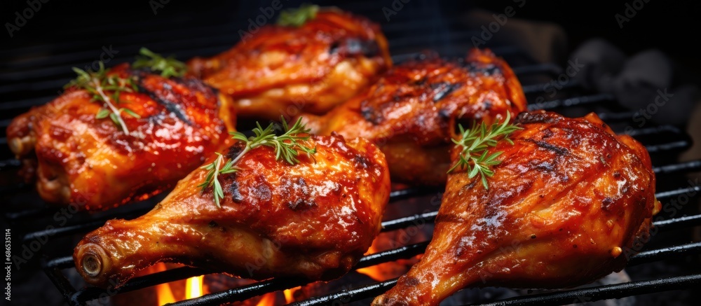 Barbecued marinated chicken legs.