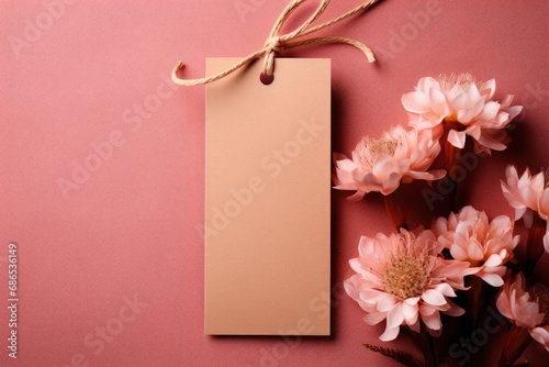 Empty paper label with ribbon on pink fabric background and flowers close-up © Sunshine