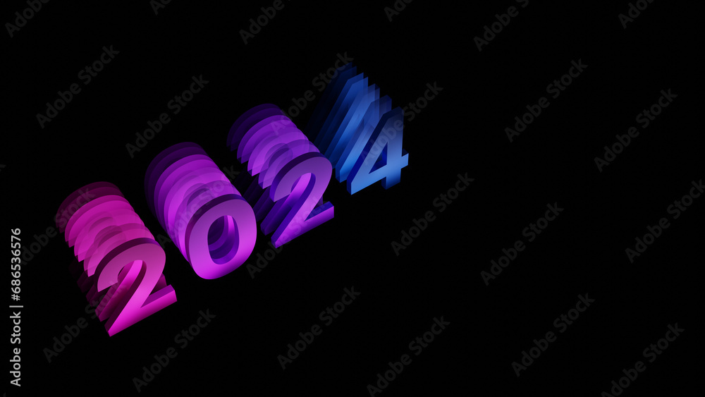 3D render of glowing purple-blue numbers 2024 arranged in a row on a black background. Text placeholder on the right. Graphic for the New Year. Happy New Year 2024! 3D render of glowing purple-blue numbers 2024 arranged in a row on a black background. Text placeholder on the right. Graphic for the New Year. Happy New Year 2024!