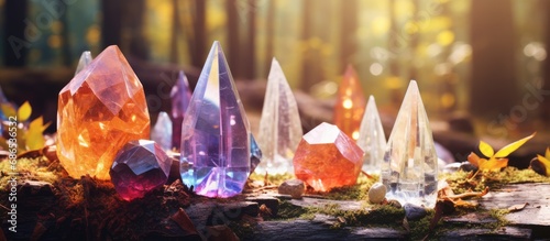 Colorful quartz crystal towers in autumn forest, abstract background. Gemstones for Magic Crystal Ritual, Witchcraft. Spiritual practice for harmony, meditation, relaxing.