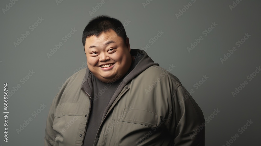 A Portrait of an Asian man with Down syndrome on a light gray background. A Portrait of an Asian man with Down syndrome on a light gray background.