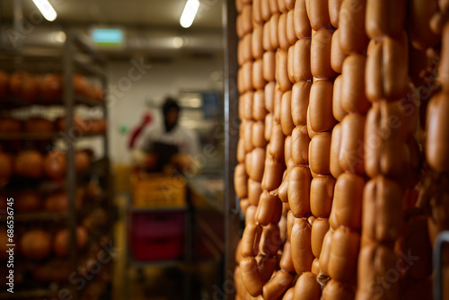 Appetizing sausages on racks in a sausage shop. Sausage production.