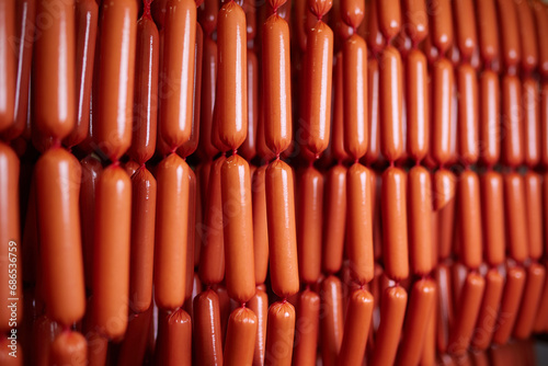 Appetizing sausages on racks in a sausage shop. Sausage production.