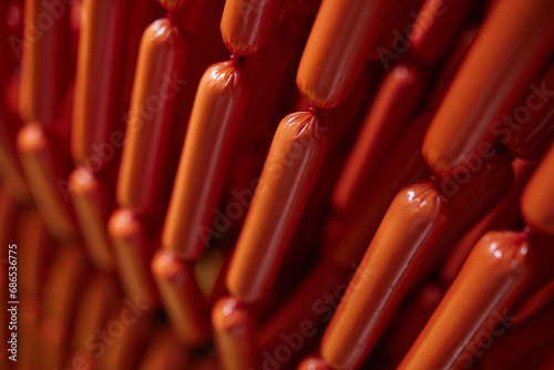 Appetizing sausages on racks in a sausage shop. Sausage production.