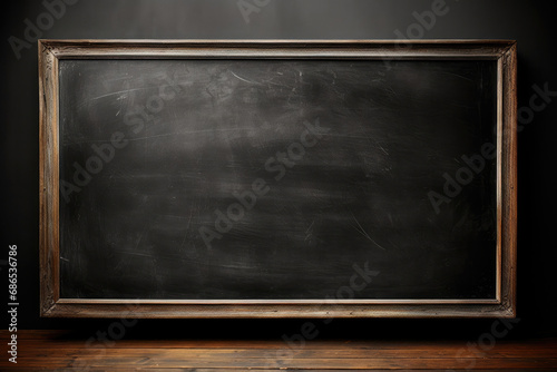 Empty black blackboard in a wooden frame on the wall