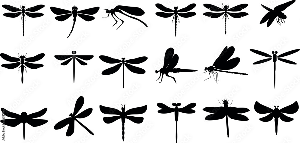 Dragonfly silhouette vector illustration, nature-inspired, summer-themed design. Various poses of dragonfly, flying, resting, perched dragonflies. wildlife, entomology, biology, science-related design - obrazy, fototapety, plakaty 