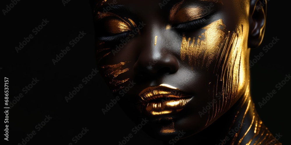 portrait of beautiful woman with black painted face and gold paint foil, fashion concept