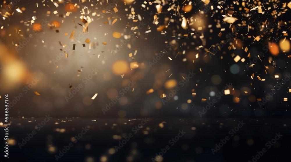 golden glitter and balloon falling infront of black background for silvester new year