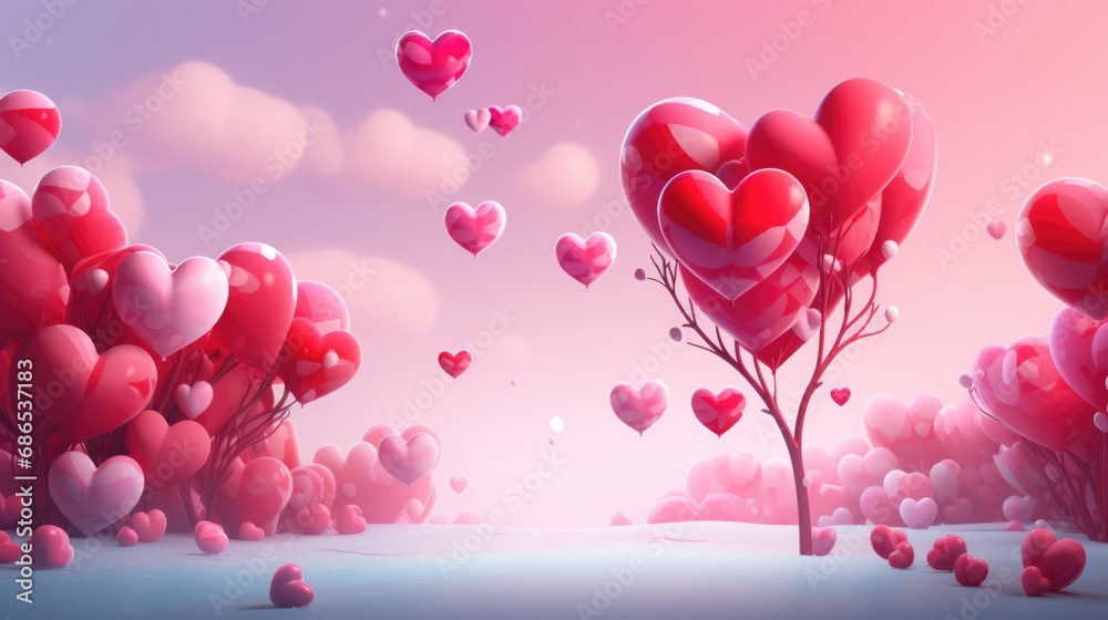 pink landscape with hearts and trees for valentines day
