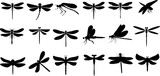 Dragonfly silhouette vector illustration, nature-inspired, summer-themed design. Various poses of dragonfly, flying, resting, perched dragonflies. wildlife, entomology, biology, science-related design