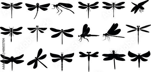Dragonfly silhouette vector illustration, nature-inspired, summer-themed design. Various poses of dragonfly, flying, resting, perched dragonflies. wildlife, entomology, biology, science-related design photo