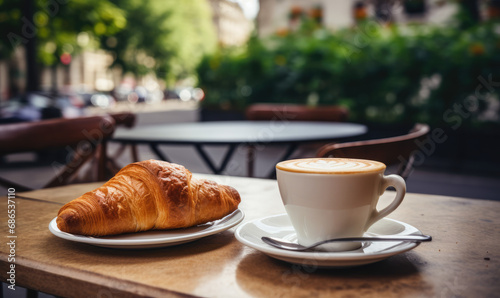 petit déjeuner parisien typique avec croissant et café sur une table de bistrot photo