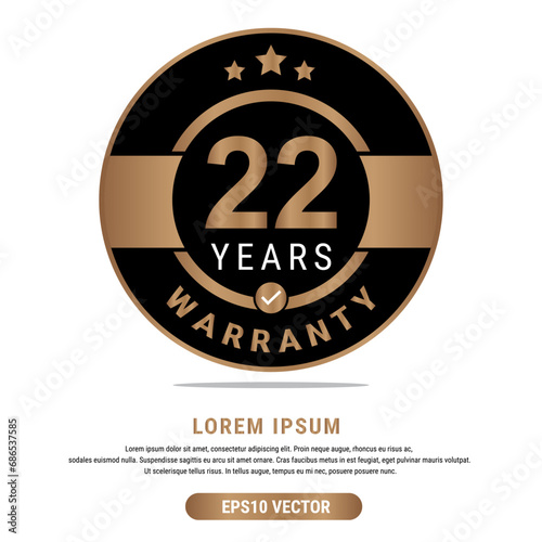 22 Year warranty vector art illustration in emas color with fantastic font and white background. Eps10 Vector