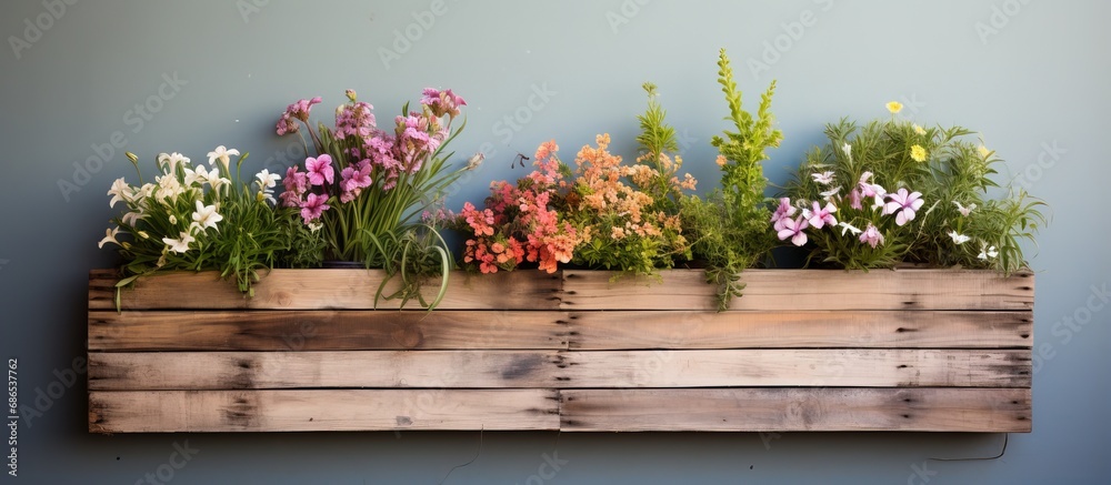 Recycled wooden pallet as wall hung flower pot