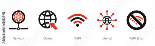 A set of 5 Internet Computer icons as online, wifi, internet, wifi error © popcornarts