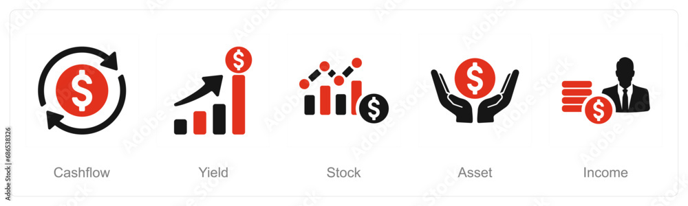 A set of 5 Investment icons as cashflow, yield, stock A set of 5 Investment icons as cashflow, yield, stock