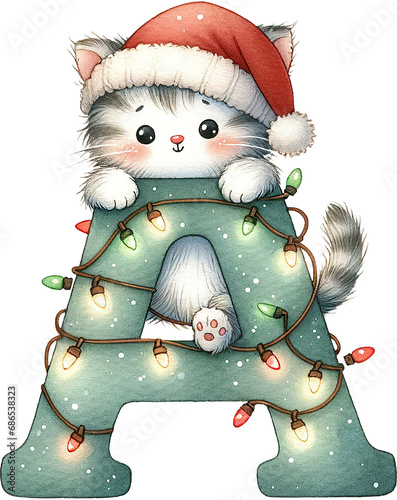 christmas pet alplabet letter, watercolor cute cat wearing santa hat, character decoration for holiday greeting card