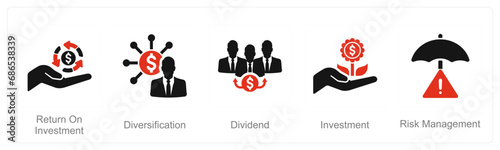A set of 5 Investment icons as return on investment, diversification, dividend
