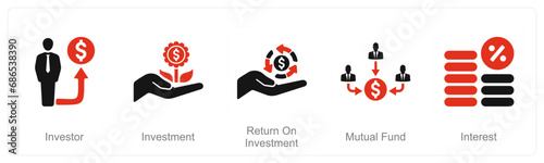 A set of 5 Investment icons as investor, investment, return on investment