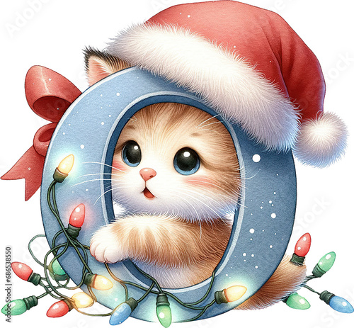 letter O in christmas pet alplabet letter, watercolor cute cat wearing santa hat, character decoration for holiday greeting card photo