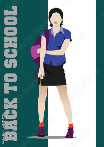 School girl is going to school. Back to school. Vector 3d illustration