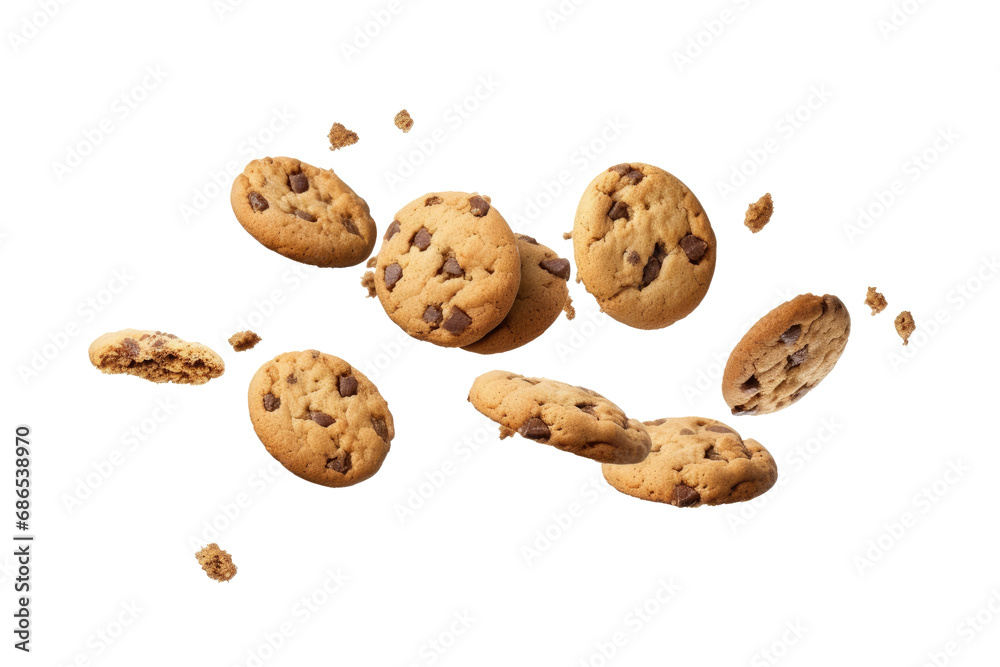 Cookies chocolate falling with choc flake in the air isolated on transparent background, dessert sweet concept, piece of dark biscuit. Cookies chocolate falling with choc flake in the air isolated on transparent background, dessert sweet concept, piece of dark biscuit.