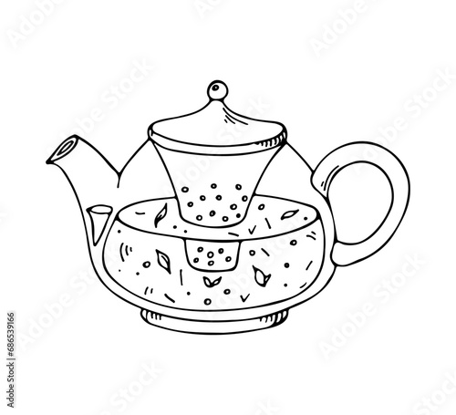 Outline hand drawing tea pot. Teapot doodle illustration. Tea ceremony vector design elements