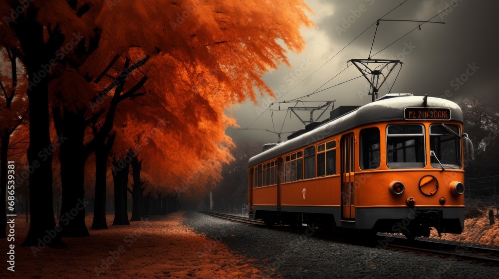 Generative AI image of train travel on the autumn 