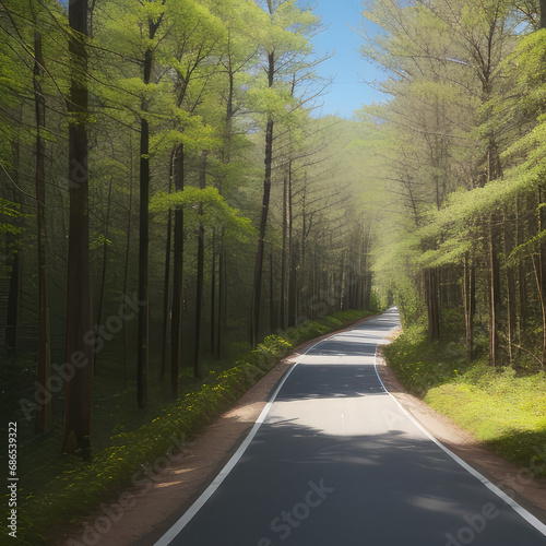 Topview of a road in the spring forest