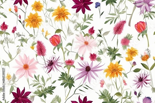 A seamless colorful pattern of various beautiful flowers and leaves  creating a harmonious and visually pleasing background design.
