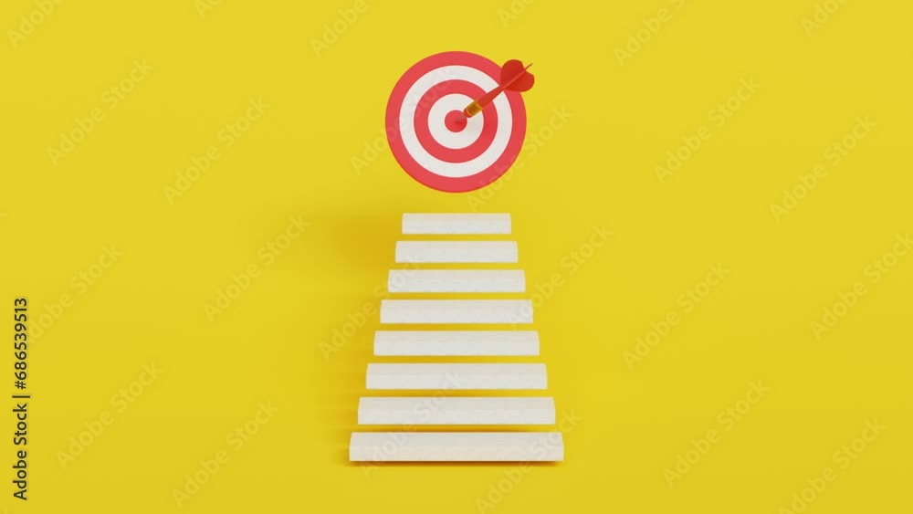 Growth step to success, visionary to see business opportunity or career path. journey to reach goal or achievement concept. Dart hit the center of the target front view. 4k 3d animation