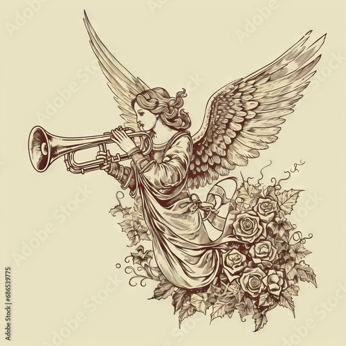 Christmas Angel flying and trumpet on pipe. Hand drawn vector illustration in vintage 